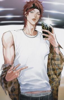 Rule 34 | 1boy, amagi rinne, black headband, blue eyes, bracelet, cellphone, chain, chain necklace, closed mouth, clothes down, commentary request, earrings, ensemble stars!, headband, highres, holding, holding phone, jewelry, lips, lllistn, looking at viewer, male focus, male underwear, male underwear peek, midriff peek, mirror selfie, necklace, nose, one eye closed, pants, pearl bracelet, phone, red hair, ring, selfie, shirt, short hair, sleeveless, sleeveless shirt, smartphone, solo, underwear, v, white shirt