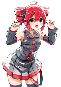 Rule 34 | absurdres, ahoge, bare shoulders, black shirt, black skirt, black sleeves, black thighhighs, blush, breast pocket, buttons, collared shirt, detached sleeves, drill hair, hair between eyes, hands up, headphones, headset, highres, kasane teto, kasane teto (utau), microphone, miniskirt, mp777b, open mouth, pleated skirt, pocket, red eyes, shirt, simple background, skindentation, skirt, skirt set, sleeveless, sleeveless shirt, thighhighs, twin drills, utau, white background, wing collar