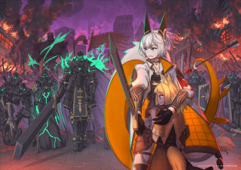 2girls 6+others ambiguous_gender animal_ears armor arrow_(projectile) artist_name black_cape black_choker black_gloves blonde_hair blue_eyes cape choker clenched_teeth collarbone commentary_request crying crying_with_eyes_open fire fox_ears fox_girl fox_tail gloves green_eyes grey_hair holding holding_sword holding_weapon long_sleeves multiple_girls multiple_others nagi_itsuki original outdoors parted_lips pixiv_fantasia pixiv_fantasia_scepter_of_zeraldia purple_sky short_hair sky smoke sweatdrop sword tail tears teeth weapon window