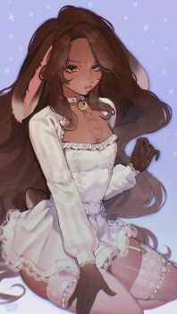 1girl \n/ absurdres animal_ears animal_nose bell belt blue_eyes blurry bow_legwear braid breasts brown_hair brown_nails choker chromatic_aberration closed_mouth commentary commission cowboy_shot cropped_legs crown_braid curtained_hair dark_skin depth_of_field dress english_commentary eyelashes facial_mark floppy_ears forehead_mark four-pointed_star frilled_dress frills frown furry furry_female garter_straps gradient_background green_eyes halftone hand_on_own_thigh hand_up heart heart_o-ring heterochromia highres invisible_chair jingle_bell lace lace-trimmed_dress lace-trimmed_sleeves lace_thighhighs lace_trim light_blush long_hair long_sleeves looking_at_viewer neck_bell noisykoala o-ring o-ring_belt o-ring_choker original parted_bangs puffy_long_sleeves puffy_sleeves rabbit_ears rabbit_girl rabbit_tail see-through_clothes see-through_thighhighs short_dress sitting small_breasts square_neckline star_(symbol) star_facial_mark star_symbol_background tail thick_lips thighhighs very_long_hair wavy_hair white_belt white_choker white_dress white_garter_straps white_thighhighs
