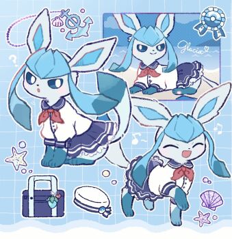 Rule 34 | ?, badge, bag, beach, berry (pokemon), closed eyes, clothed pokemon, commentary request, dive ball, frills, gen 4 pokemon, glaceon, happy, hat, highres, inumede, jewelry, lying, multiple views, musical note, necklace, nintendo, no humans, open mouth, poke ball, pokemon, pokemon (creature), pokemon focus, rawst berry, seashell, shell, sitting, skirt, smile, starfish, water