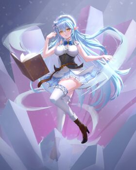 1girl absurdres ahoge bare_shoulders blue_bow blue_bowtie blue_hair blush book boots bow bowtie braid breasts brown_boots colored_tips commentary_request corset elf floating flower frilled_skirt frills full_body hair_between_eyes hair_flower hair_ornament hat heart heart_ahoge highres hololive large_breasts long_hair multicolored_hair open_mouth piinaa pointy_ears ribbon side_braid skirt smile snowflake_print solo streaked_hair thighhighs virtual_youtuber white_flower white_hat white_thighhighs yellow_eyes yukihana_lamy yukihana_lamy_(1st_costume) zettai_ryouiki