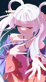 Rule 34 | 1girl, absurdres, backlighting, bare shoulders, blue background, blunt bangs, cho kaguya-hime!, closed eyes, commentary request, facing viewer, gradient background, hair ornament, hair rings, hair stick, hand on own chest, hands up, highres, japanese clothes, kimono, light particles, long hair, long sleeves, nail polish, nuurise2023, runami yachiyo, smile, solo, twintails, upper body, white hair, wide sleeves