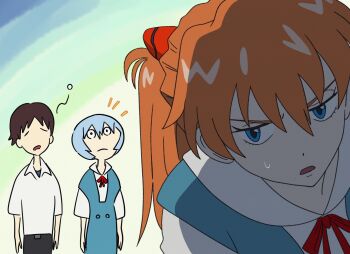 1boy 2girls artist_request ayanami_rei black_hair blue_eyes blue_hair blush breasts brown_hair closed_mouth full_body hair_between_eyes ikari_shinji long_eyelashes long_hair looking_at_another looking_at_viewer multiple_girls neck_ribbon neon_genesis_evangelion parody red_eyes red_ribbon ribbon school_uniform shaded_face shirt short_hair short_sleeves simple_background skirt souryuu_asuka_langley standing style_parody suspender_skirt suspenders tokyo-3_middle_school_uniform two_side_up white_shirt