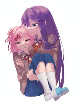 Rule 34 | 2girls, absurdres, blue skirt, brown cardigan, cardigan, carrying, commentary, doki doki literature club, doki doki literature club school uniform, hair ornament, hairpin, highres, hiratsuki0523, long hair, medium hair, multiple girls, natsuki (doki doki literature club), open mouth, pink eyes, pink hair, princess carry, purple eyes, purple hair, school uniform, shoes, skirt, socks, two side up, very long hair, white shoes, white socks, yuri, yuri (doki doki literature club)