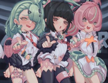 Rule 34 | 3girls, angels of delusion, aria (human) (zenless zone zero), aria (zenless zone zero), backpack, bag, black hair, black thighhighs, commentary request, detached collar, dress, green hair, hair ornament, hairclip, highres, looking at viewer, multicolored hair, multiple girls, nangong yu, necktie, open mouth, paid reward available, pink bag, pink hair, quad tails, randoseru, red eyes, red necktie, senvik69, shirt, streaked hair, sunna (zenless zone zero), teeth, thighhighs, two-tone hair, upper teeth only, white dress, white shirt, zenless zone zero