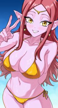 1girl alternate_form arm_behind_back bare_shoulders bikini blush breasts chronoa circlet cleavage collarbone colored_skin dragon_ball dragon_ball_heroes earrings gold_bikini grin highres jewelry large_breasts long_hair pink_hair pink_skin pointy_ears potara_earrings side-tie_bikini_bottom sidelocks smile solo swimsuit takundraws v very_long_hair yellow_eyes