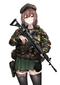 Rule 34 | 1girl, assault rifle, belgium, beret, black eyes, black thighhighs, brown hair, brown hat, collarbone, commentary request, fn fnc, green skirt, gun, hat, holding, holding gun, holding weapon, holster, load bearing vest, original, pleated skirt, rifle, rynn (rynn cube), school uniform, simple background, skirt, solo, tactical school uniform, thigh strap, thighhighs, weapon, white background, zettai ryouiki