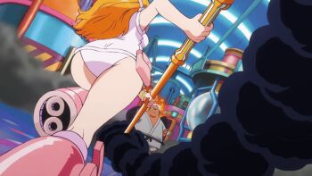 animated animated_gif anime_screenshot ass boots clima-tact cloud curvy dark-skinned_male dark_cloud dark_skin egghead_outfit holding holding_staff hood hoodie huge_ass leotard long_hair nami_(one_piece) nami_(one_piece)_(egghead) one_piece orange_hair pink_boots running s-shark seraphim_(one_piece) staff thick_thighs thighs white_hoodie white_leotard wide_hips