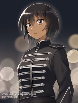1girl arms_at_sides azumanga_daiou black_hair black_jacket black_sash blurry bokeh breasts brown_eyes buttons commentary commission commissioner_name cummerbund dark-skinned_female dark_skin depth_of_field double-breasted english_commentary epaulettes from_side hair_between_eyes high_collar highres jacket kagura_(azumanga_daioh) large_breasts looking_at_viewer looking_to_the_side marching_band my_chemical_romance naoyuki_arts sash short_hair silver_trim solo standing tomboy upper_body