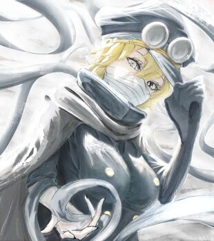 1girl blonde_hair dybala41 gakuran goggles goggles_on_headwear gunko ice mask multicolored_eyes one_piece school_uniform short_hair winter_clothes