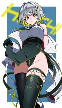 1girl absurdres bandaid bandaid_on_face bandaid_on_nose bare_shoulders black_gloves black_leotard black_necktie black_thighhighs breasts character_name clothes_lift commentary_request dress dress_lift gloves groin gunjou_desu! hachi_(live_union) hair_ornament highres leotard leotard_under_clothes live_union looking_at_viewer mole mole_under_eye necktie pelvic_curtain short_hair solo thighhighs thighs white_hair yellow_eyes zipper