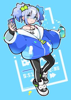 Rule 34 | 1girl, :/, absurdres, asymmetrical bangs, big hair, black gloves, black pants, black shoes, blue background, blue eyes, blue hair, blue hoodie, bright pupils, criss-cross halter, curious, drink, fingerless gloves, flat chest, fluffy hair, full body, gloves, hair between eyes, halftone, halterneck, head tilt, highres, holding, holding drink, holding phone, hood, hood down, hoodie, huge sleeves, jersey, looking at viewer, medium hair, netoco, original, oversized clothes, oversized shirt, pants, phone, shirt, shoes, sneakers, solo, standing, standing on one leg, star ornament, striped clothes, striped pants, swept bangs, t-shirt, tank top, track suit, twintails, vertical-striped clothes, vertical-striped pants, white hood, white pupils, white shirt, white shoes, zipper