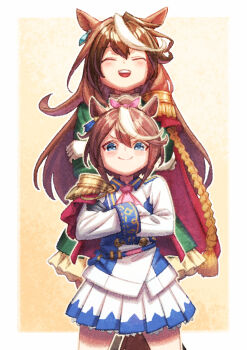 Rule 34 | 2girls, aiguillette, animal ears, ascot, asymmetrical gloves, black gloves, blue eyes, blush, bow, brown hair, buttons, cape, commentary request, creape, crossed arms, double-breasted, ear ribbon, earrings, epaulettes, gloves, green jacket, green skirt, hair between eyes, high ponytail, highres, horse ears, horse girl, jacket, jewelry, long hair, long sleeves, looking at viewer, mismatched gloves, multicolored hair, multicolored jacket, multiple girls, open mouth, pink ascot, ponytail, purple eyes, red cape, side cape, simple background, single earring, single epaulette, skirt, smile, streaked hair, symboli rudolf (emperor's path) (umamusume), symboli rudolf (umamusume), teeth, tokai teio (peak joy) (umamusume), tokai teio (umamusume), two-tone jacket, two-tone skirt, umamusume, upper teeth only, white gloves, white hair, white jacket, white skirt