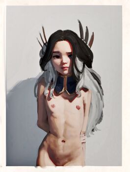 1girl arm_behind_back brown_hair commission detached_collar diathorn feather_hair_ornament feathers flat_chest grey_hair hair_ornament highres loli long_hair long_sleeves looking_at_viewer multicolored_hair navel nipples nude original realistic simple_background skinny solo toned