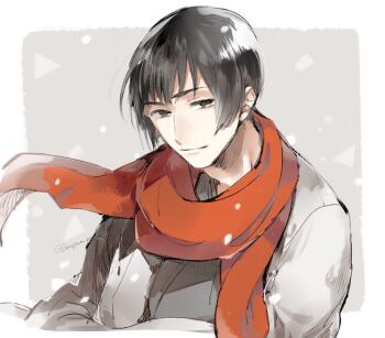 1boy artist_name axis_powers_hetalia black_hair blunt_ends border closed_mouth commentary_request floating_clothes grey_background grey_kimono haori japan_(hetalia) japanese_clothes kimono long_sleeves looking_at_viewer male_focus open_clothes outside_border red_scarf scarf short_hair simple_background smile snowing solo tatumin13 upper_body white_border white_haori wide_sleeves yellow_eyes