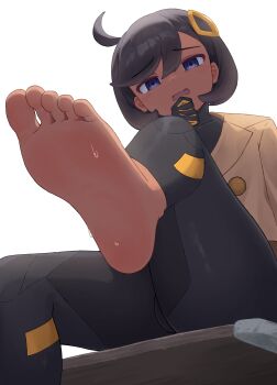 1girl absurdres ahoge barefoot black_bodysuit black_hair blue_eyes bodysuit commentary_request emma_(pokemon) feet foot_focus gloves hair_between_eyes hair_ornament hand_up highres jacket kajitsu_no_hito looking_down nintendo open_mouth pokemon pokemon_legends:_z-a presenting_foot raised_inner_eyebrows short_hair sitting soles solo sweat toes