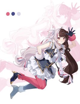 1girl :q ahoge ankle_boots arm_up benichaaa blue_boots blue_gloves blue_shirt blue_skirt blue_thighhighs blush boots bow bracelet bright_pupils brown_hair closed_mouth color_guide commentary_request fold-over_boots frilled_skirt frills full_body fur_bracelet gloves gold_trim hair_bow hand_on_own_hip high-waist_skirt high_heel_boots high_heels highres idol_clothes jewelry layered_shirt layered_skirt long_hair long_sidelocks looking_at_viewer low-tied_long_hair low-tied_sidelocks miniskirt mismatched_boots mismatched_thighhighs multicolored_hair nijisanji nijisanji_idol_uniform pink_eyes pink_hair pink_thighhighs shirt sidelocks skirt sleeveless sleeveless_shirt solo split-color_hair streaked_hair thighhighs tongue tongue_out twintails very_long_hair virtual_youtuber white_background white_bow white_hair white_pupils white_shirt white_skirt yorumi_rena zoom_layer