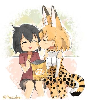 10s 2girls animal_ears animal_print black_hair blush bow bowtie chips_(food) closed_eyes duck_face eating elbow_gloves food fur_collar gloves high-waist_skirt kaban_(kemono_friends) kemono_friends multiple_girls orange_hair panzuban potato_chips pringle_duck print_bow print_bowtie print_gloves print_legwear print_neckwear print_skirt red_shirt serval_(kemono_friends) serval_tail shirt short_hair shorts skirt sleeveless sleeveless_shirt striped_tail tail twitter_username