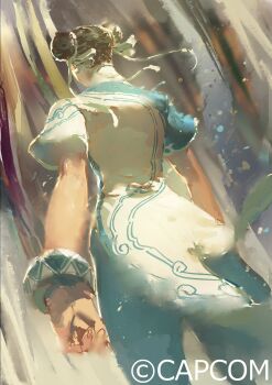 1girl black_hair blue_pants bracelet capcom china_dress chinese_clothes chun-li cleavage_cutout clothing_cutout commentary concept_art double_bun dress from_behind fukumori_(capcom) full_body hair_bun highres jewelry official_art pants solo street_fighter street_fighter_6 walking white_dress