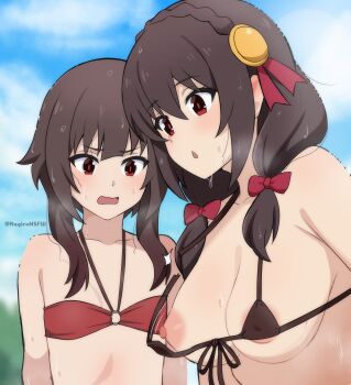 2girls absurdres areola_slip bikini black_bikini blue_sky bow braid breasts brown_hair cloud cloudy_sky collarbone commentary_request crown_braid day flat_chest front-tie_bikini_top front-tie_top hair_bow highres kagironsfw kono_subarashii_sekai_ni_shukufuku_wo! large_breasts light_blush long_hair looking_at_breasts megumin micro_bikini multiple_girls nipple_slip nipples open_mouth outdoors paid_reward_available red_eyes short_hair_with_long_locks sky swimsuit wardrobe_malfunction wet yunyun_(konosuba)