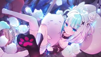 1girl :3 ahoge animal_ears bandages blue_eyes blue_hair cat_ears cat_girl cat_tail collar commentary_request feet full_body ghost hair_ornament hairclip highres indie_virtual_youtuber lying multicolored_hair nani_(vtuber) nekoporeo on_back ouija pillow shirt single_thighhigh socks t-shirt tail thighhighs two-tone_hair two_side_up virtual_youtuber white_hair