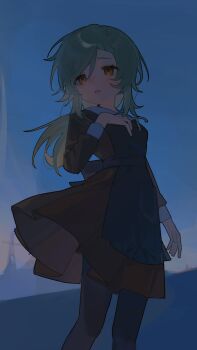 1girl apron ar2a arm_at_side black_apron black_pantyhose blue_background brown_dress brown_eyes chinese_commentary commentary_request dress feet_out_of_frame green_hair hand_on_own_chest highres marina_kaplan medium_hair neck_ribbon outdoors pantyhose parted_lips ribbon school_uniform solo soviet_school_uniform standing swept_bangs z.a.t.o._//_i_love_the_world_and_everything_in_it