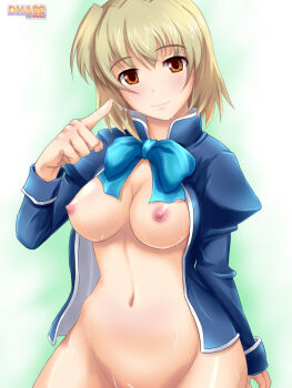 1girl aida_ikumi blonde_hair blue_shirt blush boku_dake_no_hokenshitsu bottomless breasts commentary_request cum cum_in_mouth cum_string dha large_breasts looking_at_viewer nipples open_clothes open_shirt orange_eyes ribbon shirt short_hair smile solo