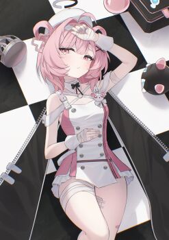 1girl absurdres bandaged_arm bandaged_fingers bandaged_leg bandages beret blush chiz_(nte) ciza_gomi closed_mouth commentary_request dress hair_ornament hand_on_own_stomach hat highres looking_at_viewer lying mole mole_under_eye neverness_to_everness on_back pink_eyes pink_hair short_hair solo white_dress white_hat x_hair_ornament