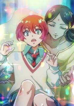 1girl amate_yuzuriha aqua_eyes aqua_shirt aqua_skirt bindi black_hair breasts closed_eyes closed_mouth dark-skinned_female dark_skin double_bun dress gundam gundam_gquuuuuux hair_bun highres lalah_sune long_sleeves looking_at_viewer mobile_suit_gundam necktie open_mouth red_hair school_uniform shirt short_hair skirt smile sweater tsubaki_pbwfa