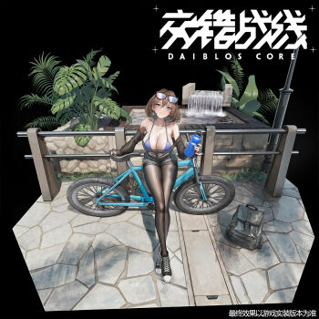 1girl backpack bag bare_shoulders bicycle bikini black_border black_nails black_pantyhose black_shoes blue_bikini blue_eyes border bottle breasts brown_hair character_request chinese_commentary cleavage closed_mouth collarbone commentary_request copyright_name crossed_legs daiblos_core earrings eyewear_on_head fingernails fountain full_body green_shorts hair_between_eyes highres holding holding_bottle huge_breasts jewelry johnblack long_fingernails long_sleeves looking_at_viewer medium_hair micro_shorts multicolored_shoes nail_polish official_art pantyhose plant shoes shorts solo swimsuit torn_clothes torn_shorts translation_request two-tone_shoes white_shoes