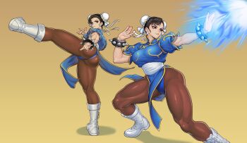1girl absurdres ass boots bracelet breasts brown_eyes brown_hair bun_cover capcom china_dress chinese_clothes chun-li commentary double_bun dress earrings hair_bun highres jewelry kicking large_breasts pantyhose parted_lips pelvic_curtain puffy_short_sleeves puffy_sleeves short_hair short_sleeves simple_background spiked_bracelet spikes street_fighter studded_bracelet thick_thighs thighs tre_artz white_boots