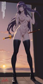 1girl black_shoes black_thighhighs blue_eyes boosty_username breasts busujima_saeko closed_mouth collarbone dvb evening from_inside full_body gluteal_fold hand_up highres highschool_of_the_dead holding holding_behind_back holding_sword holding_weapon horizon katana long_hair medium_breasts navel nipples nude ocean purple_hair pussy shoes signature sky solo standing sun sunset sword thighhighs uncensored weapon