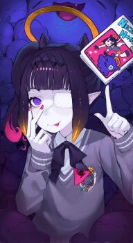 1girl eyepatch gradient_hair halo highres hololive hololive_english mirumiruchan multicolored_hair ninomae_ina'nis pointy_ears takodachi_(ninomae_ina'nis) tentacle_hair tongue tongue_out virtual_youtuber