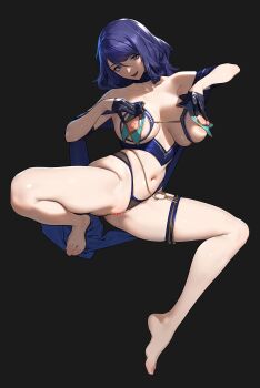 1girl :d absurdres armpits bare_legs bare_shoulders barefoot beeeeen black_background black_choker black_gloves black_panties blue_bra blue_eyes blue_hair bra breast_curtains breasts censored chain character_request choker collarbone commentary cupless_bra full_body gloves gold_chain heart heart_censor highres lace_trim large_breasts last_origin looking_at_viewer medium_hair navel nipples open_mouth panties pearl_thong purple_hair pussy revealing_clothes simple_background skindentation smile solo spread_legs squatting thigh_strap underwear