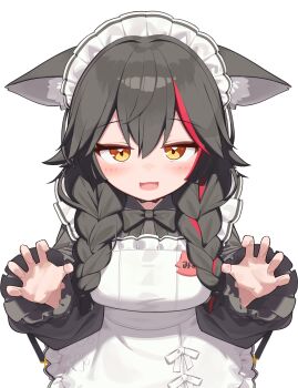 1girl absurdres alternate_costume alternate_hairstyle animal_ear_fluff animal_ears apron blush braid breasts commentary_request deaver enmaided highres hololive large_breasts long_sleeves maid maid_apron maid_headdress multicolored_hair ookami_mio open_mouth red_hair simple_background solo streaked_hair twin_braids virtual_youtuber white_apron white_background wolf_ears wolf_girl