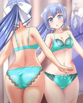 1girl :o absurdres aqua_bra aqua_panties ass back blue_eyes blue_hair blurry blurry_background blush bow bow_bra bow_panties bra breasts cleavage commentary_request commission crotch_seam depth_of_field fitting_room frilled_bra frilled_panties frills hair_ornament hair_ribbon hairclip highres indoors lingerie looking_at_viewer navel original panties partial_commentary pixiv_commission ponytail reflection ribbon school_uniform small_breasts solo standing underwear underwear_only unworn_clothes white_ribbon zanntetu
