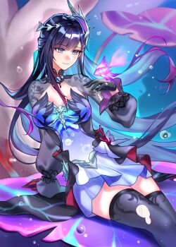 Rule 34 | 1girl, absurdres, black gloves, black thighhighs, blue dress, blue eyes, blue hair, breasts, cleavage, colored inner hair, commentary, dress, fish, gloves, hair ornament, highres, honkai: star rail, honkai (series), hysilens (honkai: star rail), large breasts, long hair, multicolored hair, purple hair, see-through body, shrug (clothing), sitting, smile, solo, ssamsa0404, thighhighs, thighs, torn clothes, torn thighhighs, two-tone hair, underwater, very long hair, zettai ryouiki