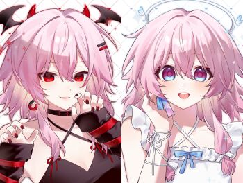 2girls alternate_costume bat_wings bow choker demon_horns earrings evernight_(honkai:_star_rail) frills hair_between_eyes hair_ornament hairclip halo hashtag-only_commentary highres honkai:_star_rail honkai_(series) horns jewelry long_hair long_sleeves march_7th_(honkai:_star_rail) medium_hair multicolored_eyes multiple_girls nail_polish parallel_hairclips pink_hair red_eyes ribbon single_earring spaghetti_strap ss0nya31 two-tone_eyes wings