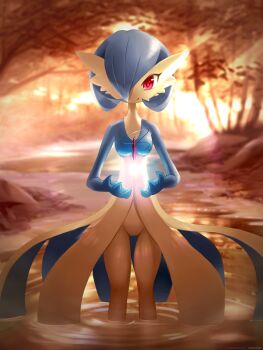 Rule 34 | 1girl, absurdres, alternate color, alternate eye color, ancesra, artist name, blue skin, blurry, blurry background, bob cut, breasts, closed mouth, colored skin, female focus, floating, floating object, forest, gardevoir, gen 3 pokemon, glowing, hair over one eye, hands up, happy, highres, jewelry, light rays, multicolored skin, nature, necklace, nintendo, outdoors, partially submerged, patreon username, pokemon, pokemon (creature), red eyes, ripples, shiny pokemon, short hair, small breasts, smile, solo, standing, straight-on, stream, sunlight, sunset, tree, two-tone skin, wading, water, watermark, web address, white skin