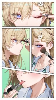 1girl absurdres applying_makeup black_nails blonde_hair braid braided_bangs chinese_commentary closed_mouth collarbone commentary_request fingernails hair_between_eyes hair_ornament highres holding holding_brush holding_makeup_brush jewelry logo long_fingernails long_hair looking_at_viewer lynae_(wuthering_waves) makeup_brush nail_polish necklace official_art one_eye_closed open_mouth purple_eyes red_lips shirt skull_hair_ornament smile white_shirt wuthering_waves