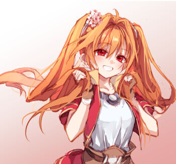 Rule 34 | 1girl, armor, brown gloves, brown hair, commentary, cropped jacket, double-parted bangs, eiyuu densetsu, estelle bright, falcom, gloves, hair intakes, highres, jacket, looking at viewer, orange skirt, pauldrons, red jacket, shoulder armor, simple background, single pauldron, skirt, smile, sora no kiseki, symbol-only commentary, twintails, willfin