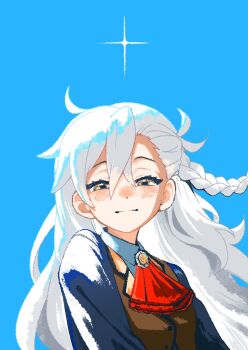 1girl ahoge ascot blush braid fate/grand_order fate_(series) gachide_erai hair_between_eyes highres long_hair long_sleeves looking_at_viewer olga_marie_animusphere orange_eyes red_ascot side_braid smile solo upper_body very_long_hair white_hair