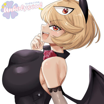 Rule 34 | 1girl, artist name, bare shoulders, black dress, blonde hair, breasts, debby the corsifa, debby the corsifa wa makezugirai, demon girl, demon wings, dress, extra eyes, eyelashes, female focus, fingernails, hand up, large breasts, looking at viewer, looking to the side, open mouth, profile, red eyes, short hair, sideways glance, simple background, sleeveless, sleeveless dress, smile, solo, teeth, unholysoul, upper body, upper teeth only, variant set, watermark, white background, wings