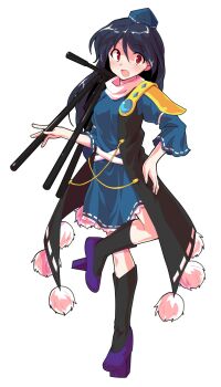 1girl alphes_(style) black_socks blue_dress blue_hair blue_shoes blush coat commentary_request dairi dress frilled_dress frills full_body gem geta hat holding holding_tripod iizunamaru_megumu kneehighs large_variant_set long_hair parody pointy_ears pom_pom_(clothes) purple_sandals ribbon_trim sandals shoes shoulder_guard sleeveless sleeveless_coat socks solo standing style_parody tachi-e tengu tengu-geta tokin_hat touhou transparent_background tripod variant_set