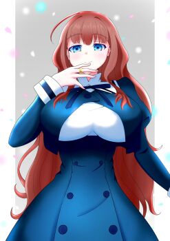 1girl ahoge assault_lily black_ribbon black_skirt blue_eyes blush breasts brown_hair buttons closed_mouth commentary cowboy_shot cropped_jacket falling_petals gradient_background grey_background hand_to_own_mouth hand_up high-waist_skirt highres jewelry juliet_sleeves kaede_johan_nouvel large_breasts long_hair long_sleeves looking_at_viewer neck_ribbon outside_border petals pillarboxed puffy_sleeves ribbon ring school_uniform shirt sidelocks skirt smile solo standing toremo_rin very_long_hair white_shirt yurigaoka_girls_academy_school_uniform