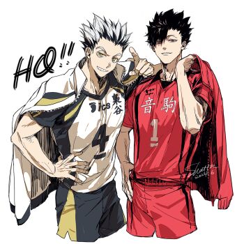 Rule 34 | 2boys, arm on another's shoulder, black hair, bokuto koutarou, collared shirt, commentary, copyright name, cropped legs, english commentary, fukurodani volleyball uniform, haikyuu!!, hair over one eye, hand on own hip, highres, holding unworn jacket, jacket, jacket on shoulders, kuroo tetsurou, looking at viewer, male focus, multicolored hair, multiple boys, nekoma volleyball uniform, parted lips, red shirt, red shorts, shatin (pomelomcp), shirt, short hair, shorts, simple background, smile, spiked hair, sportswear, teeth, two-tone hair, unzipped, volleyball uniform, white background, white hair, yellow eyes, zipper