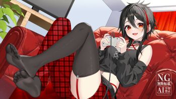 1girl asymmetrical_pants black_hair black_shirt black_thighhighs controller couch detached_sleeves fang game_controller hair_between_eyes holding holding_controller holding_game_controller indie_virtual_youtuber indoors kasumi_yuka long_sleeves looking_at_viewer multicolored_hair on_couch open_mouth pants red_garter_straps red_hair second-party_source shirt short_hair_with_long_locks sitting smile solo streaked_hair striped_clothes striped_pants sunamama4788 teeth thighhighs upper_teeth_only virtual_youtuber
