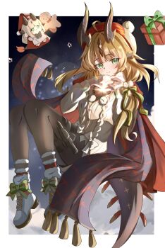 Rule 34 | 1girl, ankle boots, arknights, black pantyhose, blonde hair, boots, border, bow, brown horns, buttons, cable knit, cardigan, character doll, chinese commentary, christmas, christmas present, closed mouth, commentary request, doll, footwear bow, full body, gift, green bow, green eyes, grey boots, hat, highres, horns, knees up, lens flare, long hair, long sleeves, official alternate costume, outside border, pantyhose, red hat, reed (arknights), reed the flame shadow (arknights), reed the flame shadow (glowing flame in the night) (arknights), smile, solo, star (symbol), white border, white bow, white cardigan, zerosama (sailuojiang)