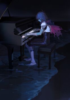 1other absurdres antenna_hair armor armored_boots black_bodysuit blue_hair blue_skin bodysuit boots breastplate cape colored_skin commentary deltarune from_side full_body gauntlets highres instrument kris_(dark_world)_(deltarune) kris_(deltarune) ktea_(kttt186) music night night_sky other_focus outdoors piano piano_bench pink_cape playing_instrument playing_piano shore short_hair shoulder_armor sitting sky solo torn_cape torn_clothes utdr_(toby_fox) water